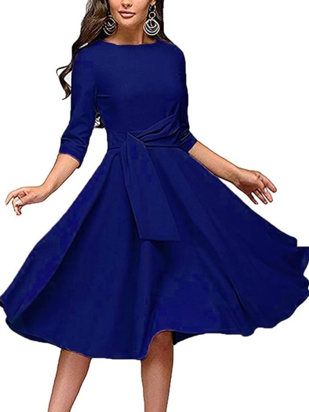 FENJAR Womens Elegance Audrey Hepburn Style Ruched 3/4 Sleeve Midi A-line Dress